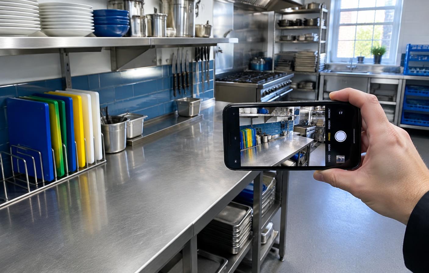 A phone capturing photo evidence in a commercial kitchen